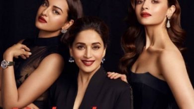 Photo of Sonakshi Sinha, Alia Bhatt and Madhuri Dixit on the cover of Harper’s Bazaar magazine