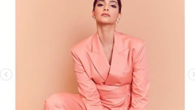 Photo of Sonam Kapoor Ahuja looks glamorous in this  Fenty coral pantsuit