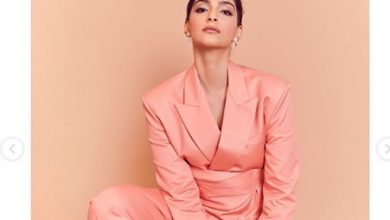 Photo of Sonam Kapoor Ahuja looks glamorous in this  Fenty coral pantsuit